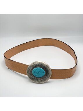 VTG Boho Western Cowgirl Rodeo TooledTan Leather Belt EmbossedSilver Turquoise B